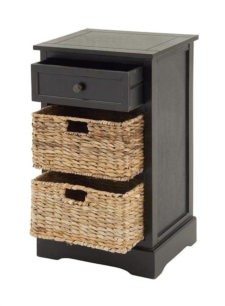 Urban Designs Espresso Malibu 3-Drawer Nightstand with Wicker Baskets - Medium Brown Bedside Table for Bedroom, Living Room, or Office Storage