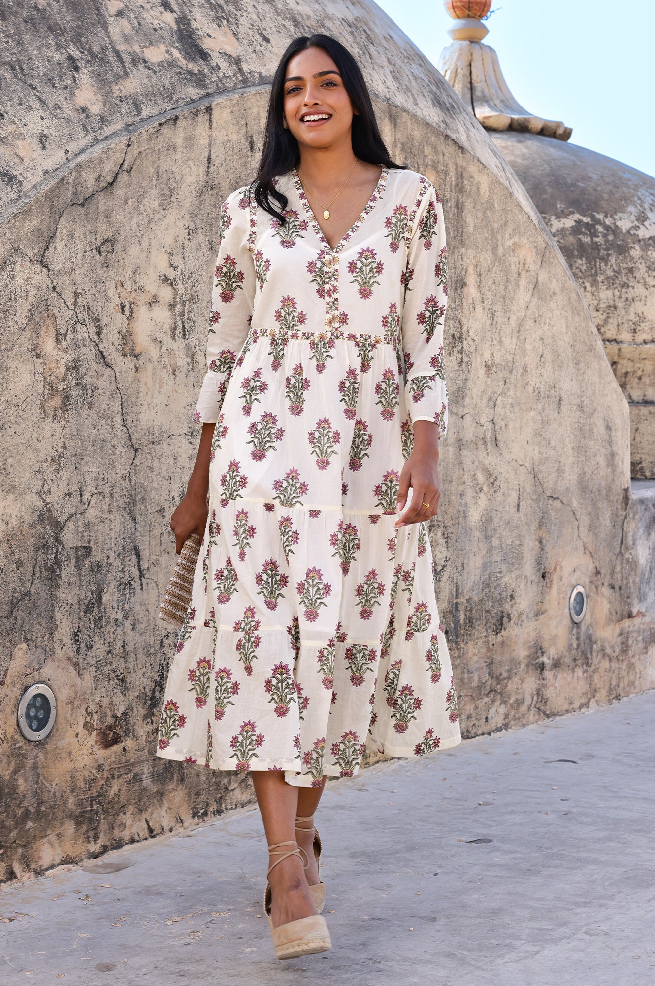 Hayden Organic Cotton Block Print Dress - Antique Wildflower Pattern in Cream, Red & Green | Boho Chic Summer Dress for Beach, Vacation & Casual Wear