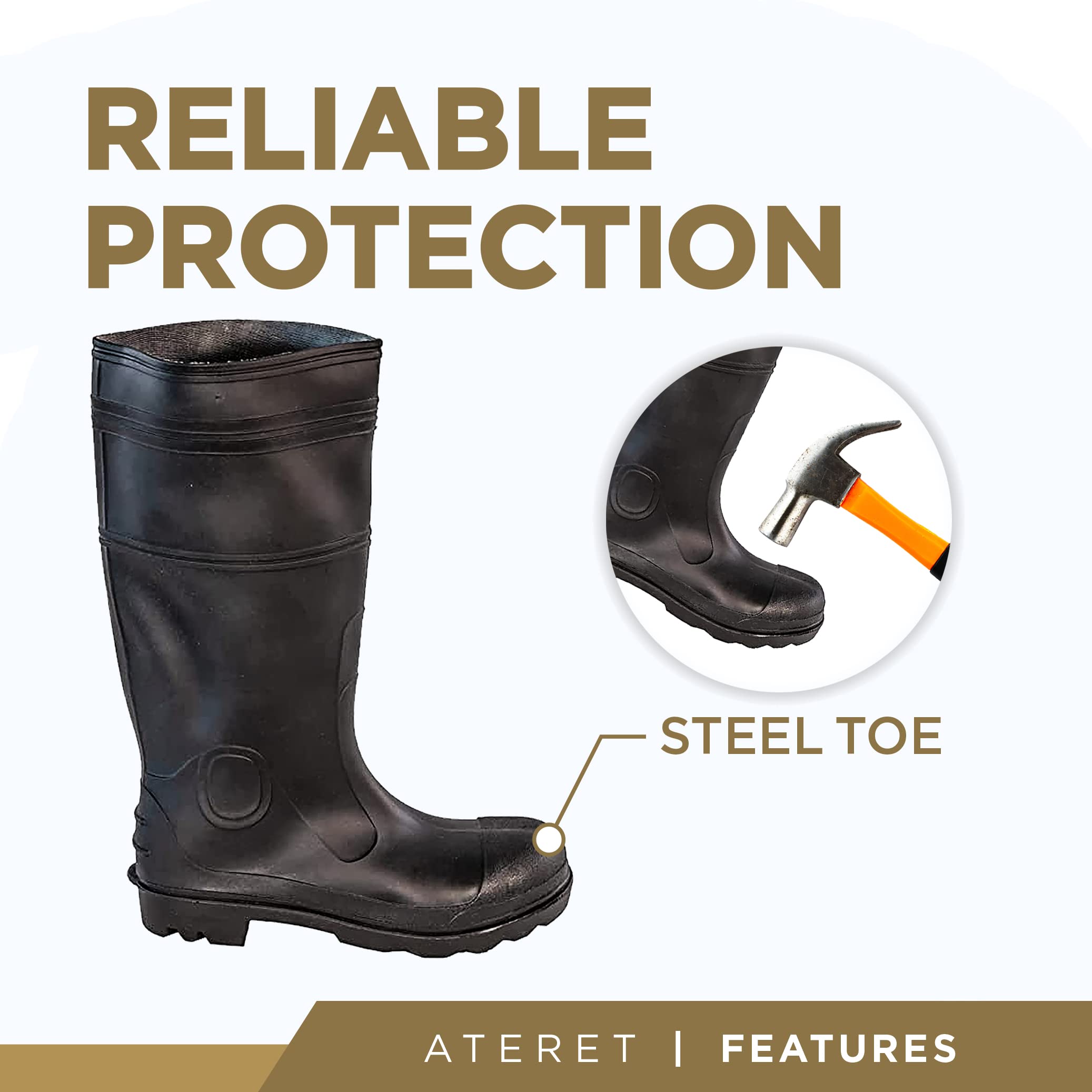 ATERET PVC Steel Toe Boots - 100% Waterproof, Lightweight & Durable Work Boots for Construction, Agriculture & Industrial Safety | OSHA Compliant Safety Shoes for Men & Women