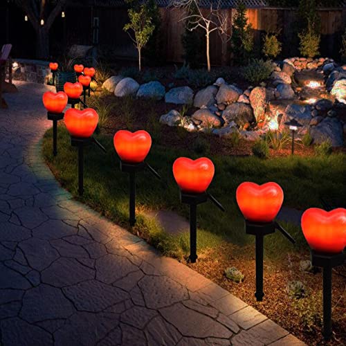 Heart Shaped Solar Pathway Lights - Waterproof Outdoor Garden Stake Lights for Valentine's Day Decor (Set of 1-12) | Perfect for Backyard, Patio, Lawn & Walkway Lighting at Night