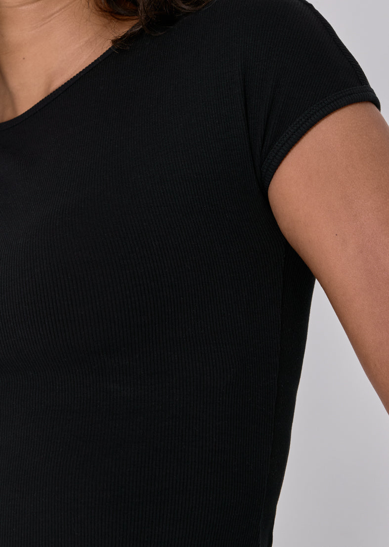 Airjet Rib Cap Sleeve Top for Women - Stretchy Comfort Fit Black Shirt - Perfect for Casual Wear, Layering & Everyday Outfits