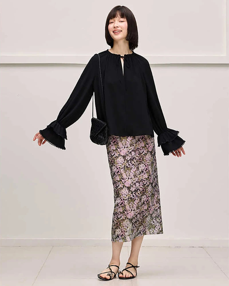 Elegant Ruffled Sleeve Tie Front Silk Blouse for Women - Perfect for Office Wear, Date Night & Special Occasions