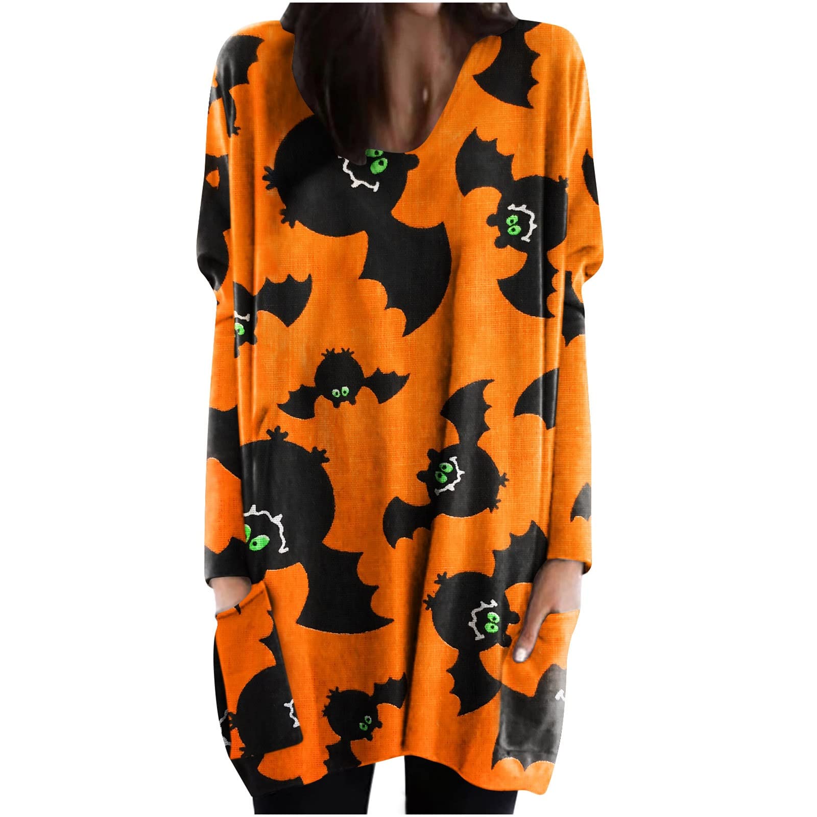 FAVIPT Women's Halloween Bat Print Long Sleeve Tunic Top with Pocket - Funny Graphic Blouse, Plus Size Baggy Shirt for Costume Parties & Casual Wear