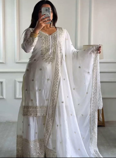 Elegant White Chinon Silk Sharara Suit Set with Intricate Embroidery - Perfect for Weddings, Festivals & Special Occasions