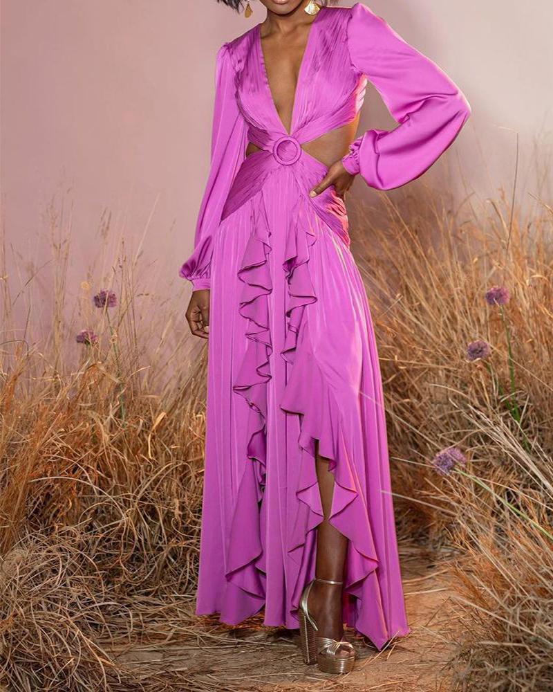 Lovevop High Waist V-Neck Pleated Ruffled Long Sleeve Dress for Women - Elegant Solid Color Office & Party Wear - Perfect for Work, Dating and Special Occasions