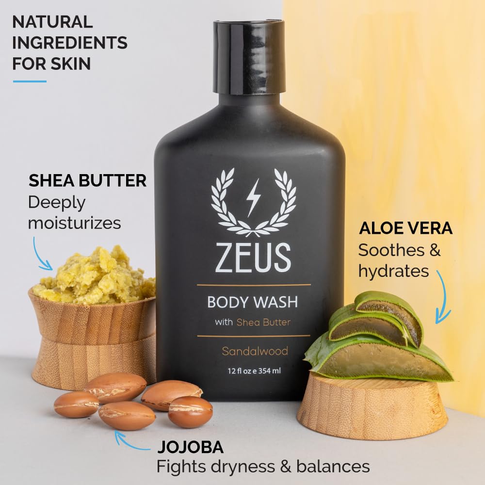 ZEUS Natural Body Wash for Men with Shea Butter & Aloe Vera - Essential Oils, Hydrating & Reviving Shower Gel - Made in USA (12 oz) - Perfect for Post-Workout & Daily Skincare Routine