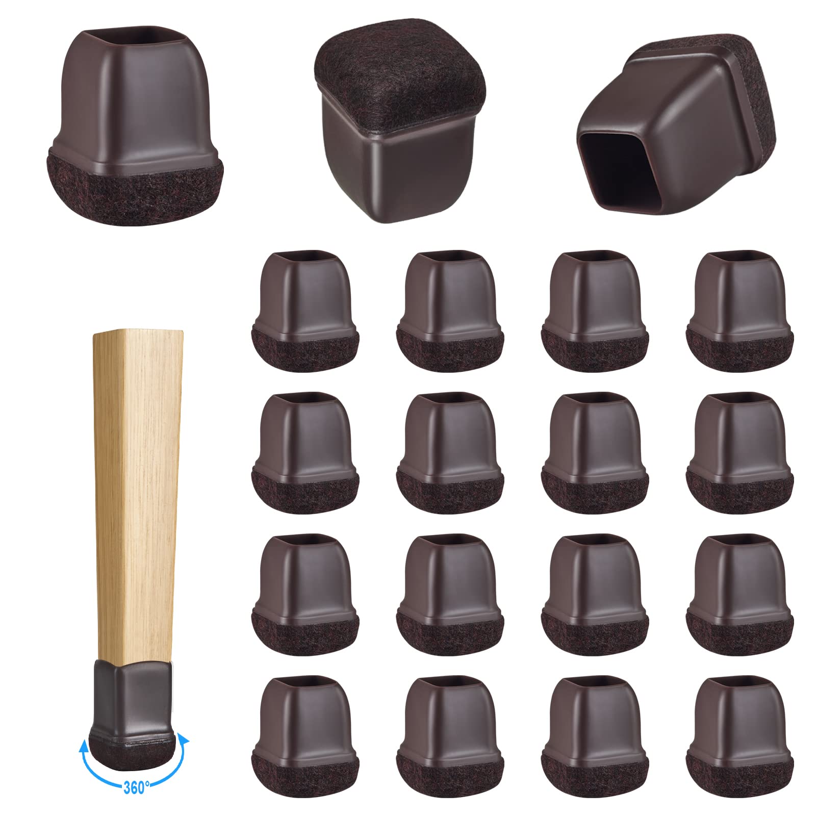 16 Pack Chair Leg Floor Protectors for Hardwood Floors - Round Rubber Furniture Sliders with 360°Felt Pad Bottom - Thickened Silicone Furniture Leg Caps (Square, Walnut-S) - Protect Floors from Scratches & Noise for Dining Chairs, Office Chairs & Home Furniture