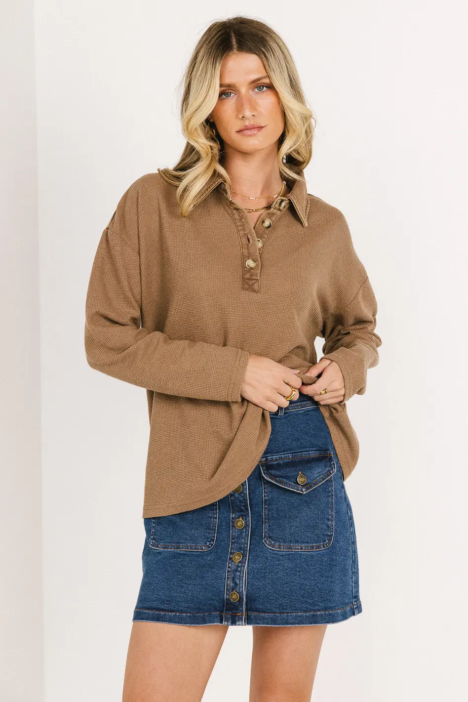 Isabelle Waffle Knit Henley Top Women's Casual Long Sleeve Shirt in Mocha Brown | Cozy Fall Winter Layering Piece for Coffee Dates & Weekend Outfits