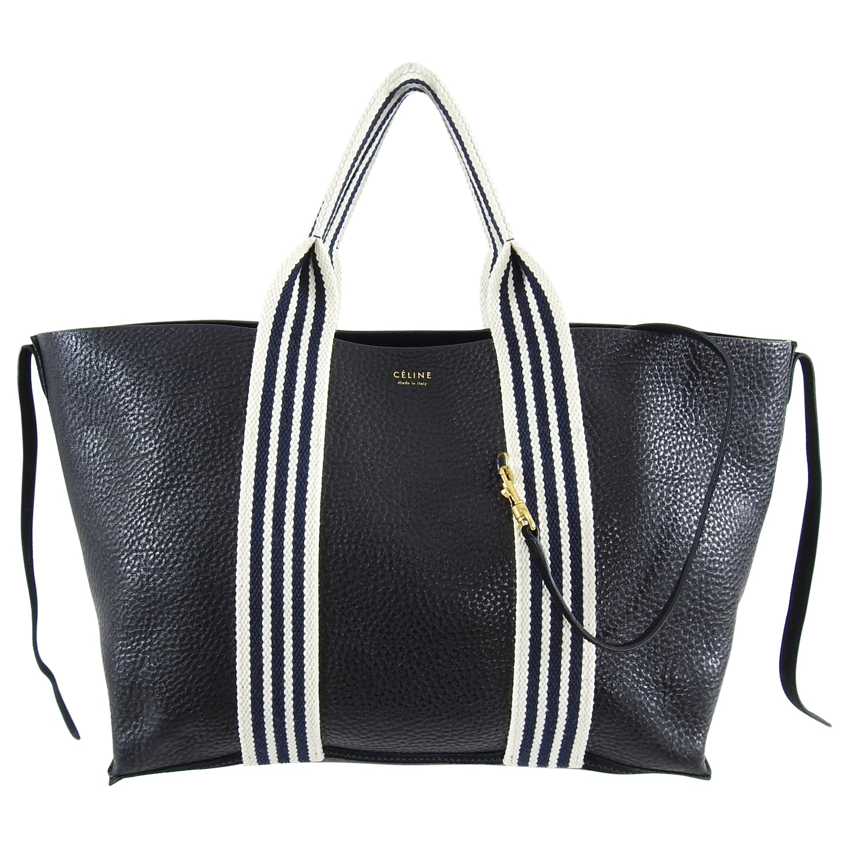 Celine Black Pebbled Leather Tote Bag with Canvas Striped Shoulder Straps - Stylish Work Bag & Everyday Purse for Women