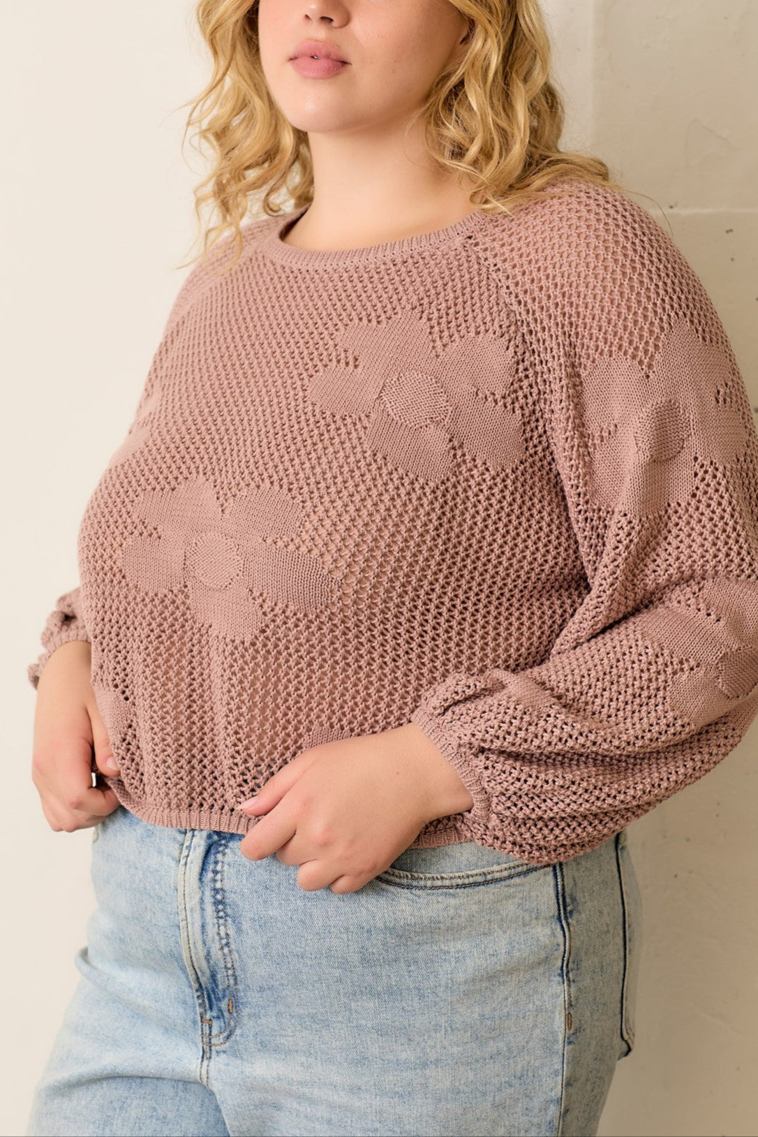 Floral Fishnet Knit Top Women's Mauve Lace Blouse - Perfect for Date Night, Party & Boho Fashion Outfits