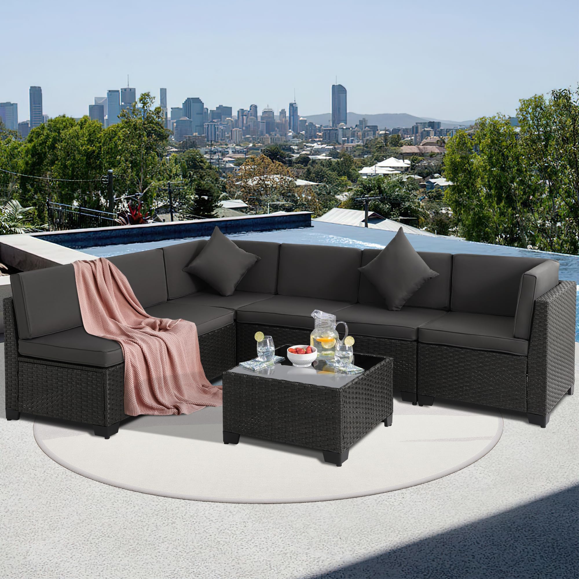 **KIGOTY 7-Piece Modular Outdoor Sectional Sofa Set - All-Weather PE Wicker Patio Furniture with Cushions & Glass Coffee Table (Green Cushions, Gray) - Perfect for Backyard, Poolside, or Garden Relaxation**