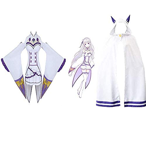 Re Zero Emilia Cosplay Costume - Anime Lolita Dress with Cloak & Fairy Ears - Complete White Dress Set for Women (Perfect for Conventions, Halloween & Cosplay Events)