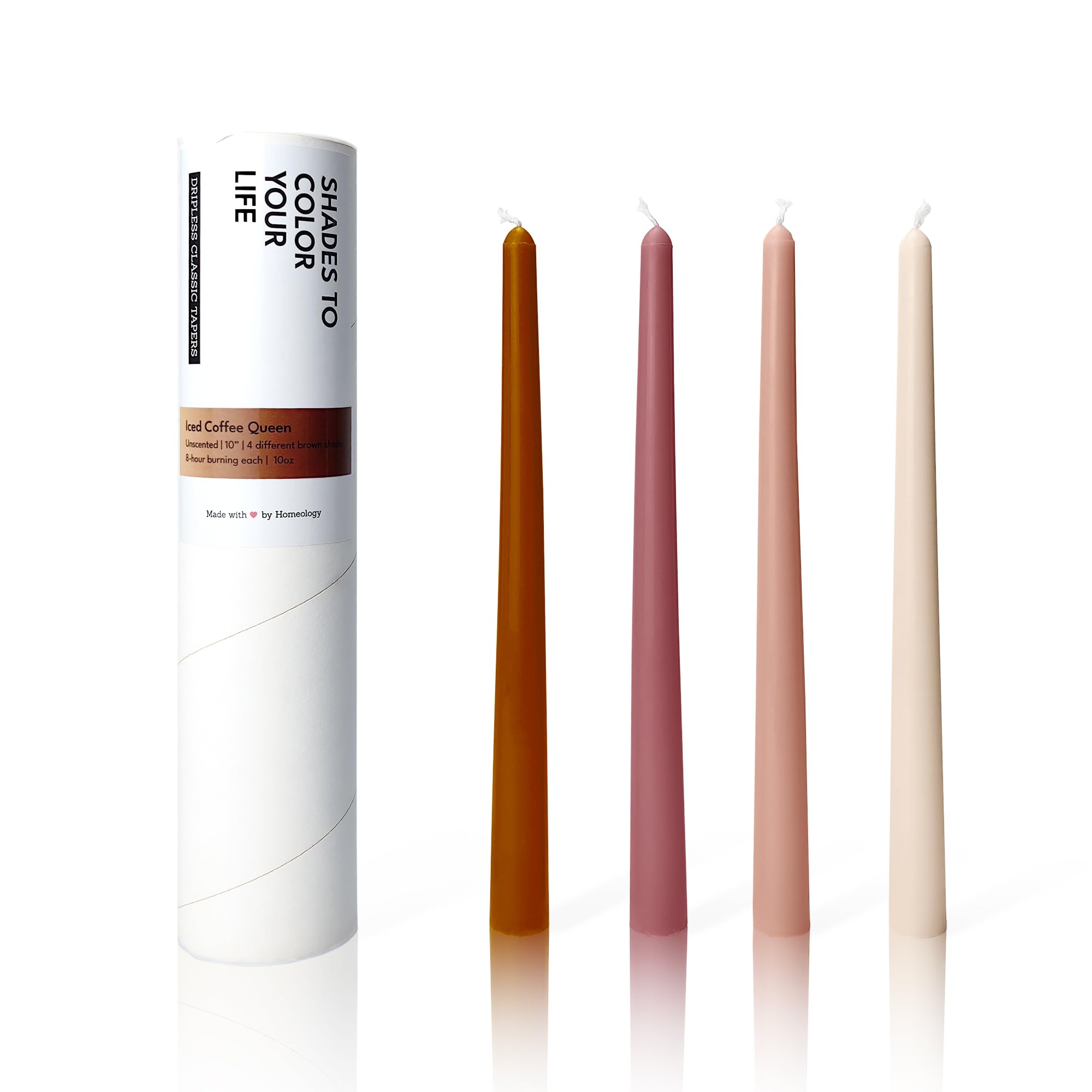 Homeology Classic Taper Candles - 10 Inch Unscented Dripless Candles (4 Pack, Iced Coffee Brown) - Elegant Candlesticks for Birthday, Mother's Day Gifts & Romantic Dinner Decor