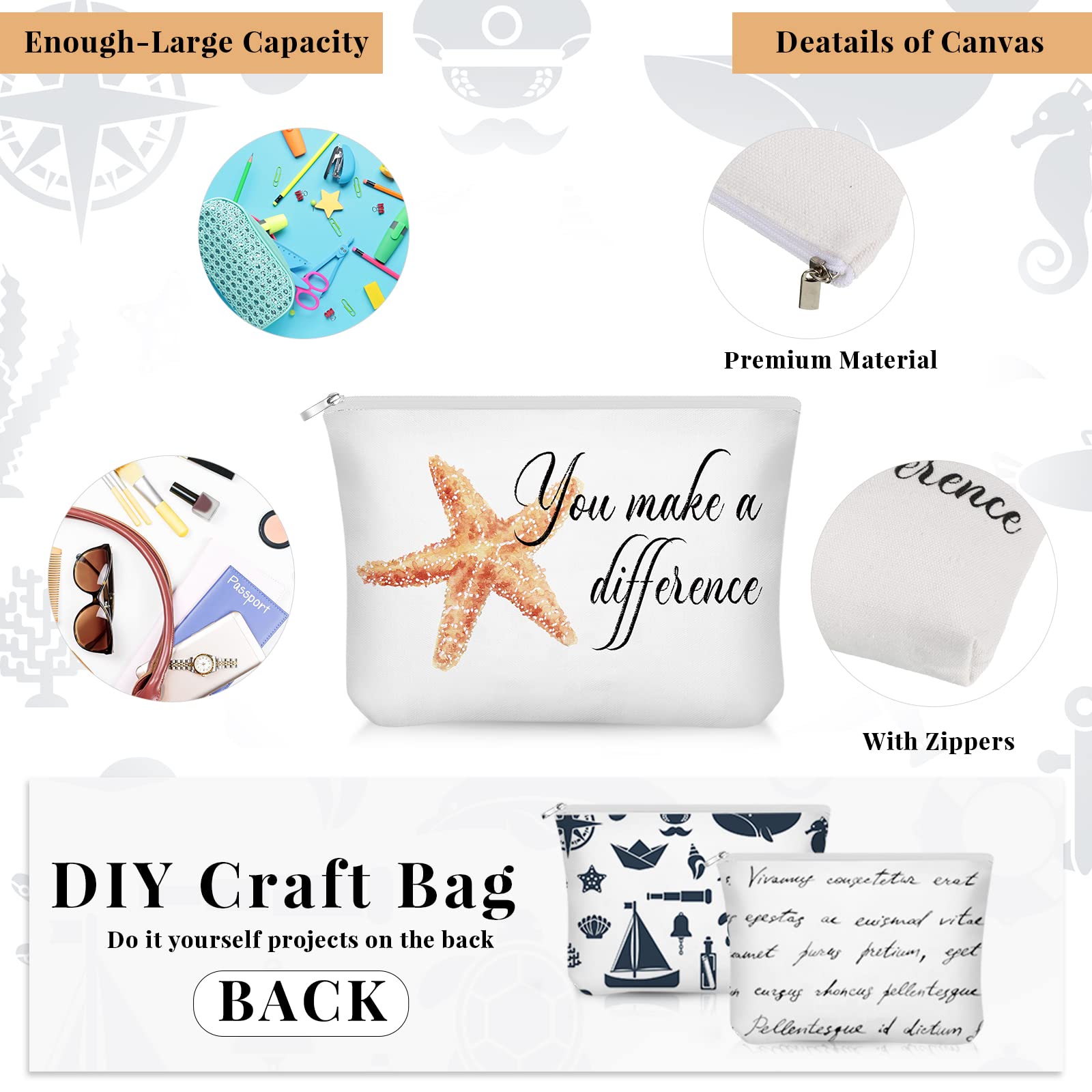 10 Pcs Inspirational Cosmetic Bags with Motivational Poem Cards - Starfish Design Zippered Canvas Makeup Pouch for Women, Employees, Teachers, Nurses - Perfect Appreciation Gifts for Graduation, Birthday, Thank You, Retirement