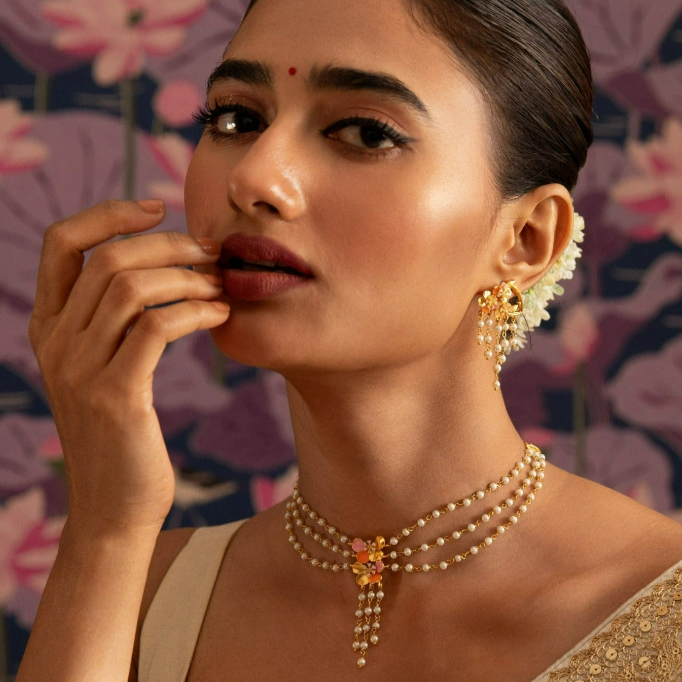 Jalaja Three Layer Floral Chain Necklace for Women - Elegant Layered Flower Pendant Jewelry for Party, Wedding & Everyday Wear