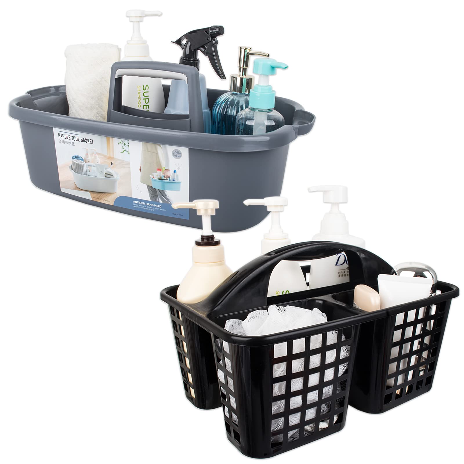 Portable Shower Caddy Basket with Handle - Plastic Cleaning Supply Organizer for Bathroom, Kitchen, Bedroom & College Dorm - Under Sink Storage Bucket Tool (Pack of 2) - Perfect for Organizing Toiletries, Cleaning Products & Bath Accessories