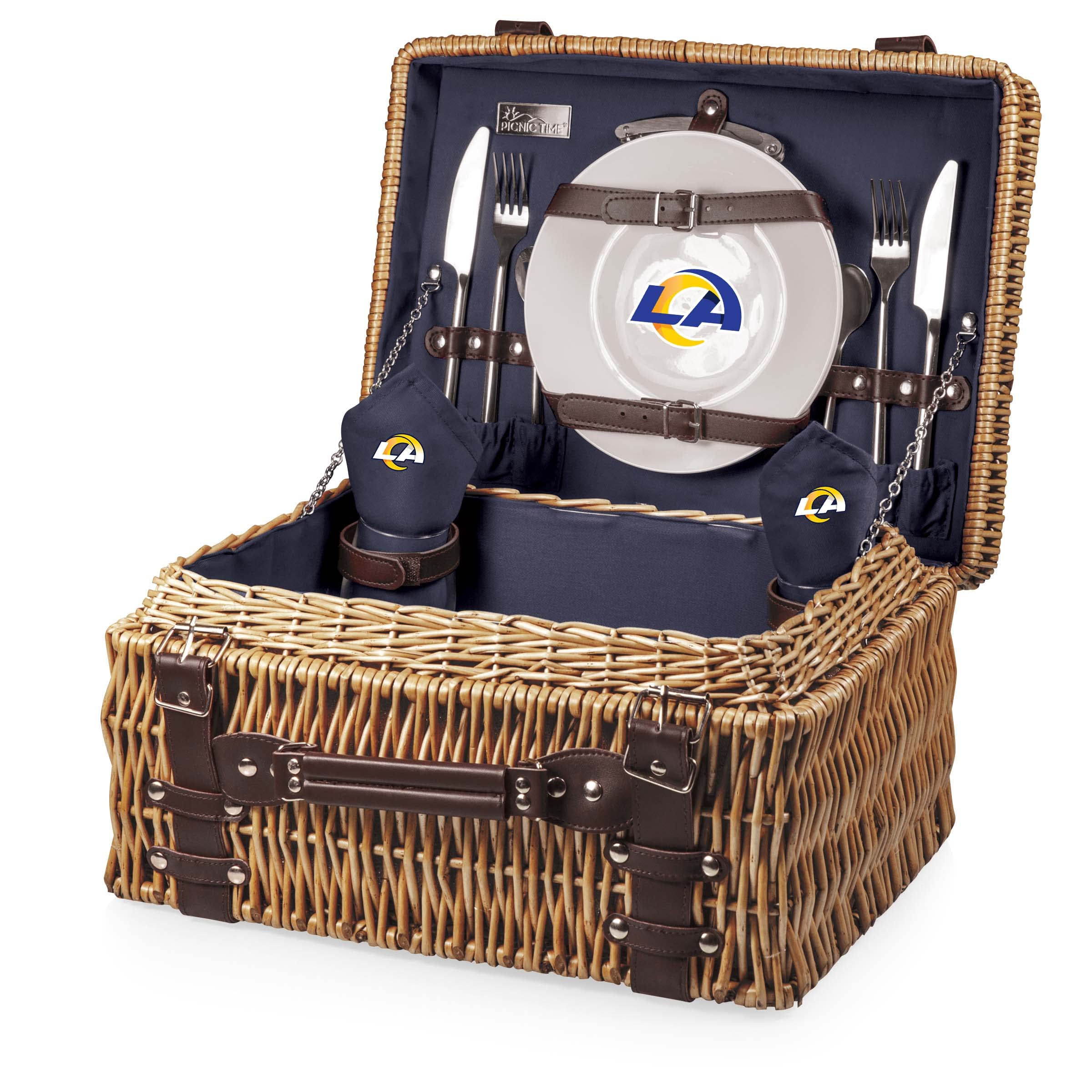 PICNIC TIME NFL Champion Picnic Basket for 2 - Wicker Picnic Basket Set with Plates, Utensils & Blanket (Black/Brown) - Perfect for Outdoor Dining, Football Tailgating & Romantic Picnics