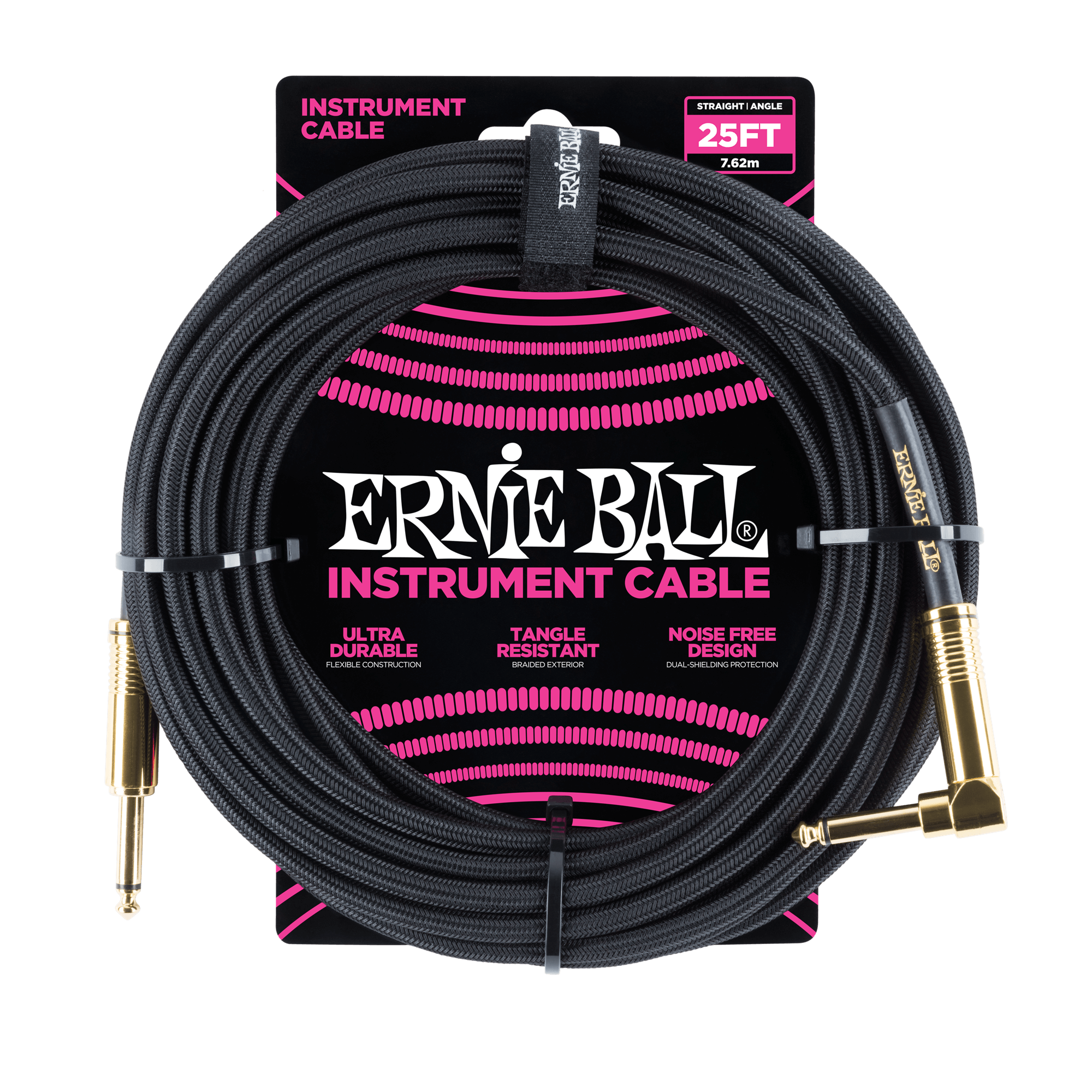 Ernie Ball 25 Braided Straight/Angle Instrument Cable - Black - Premium Guitar/Bass Cable for Professional Musicians & Studio Recording