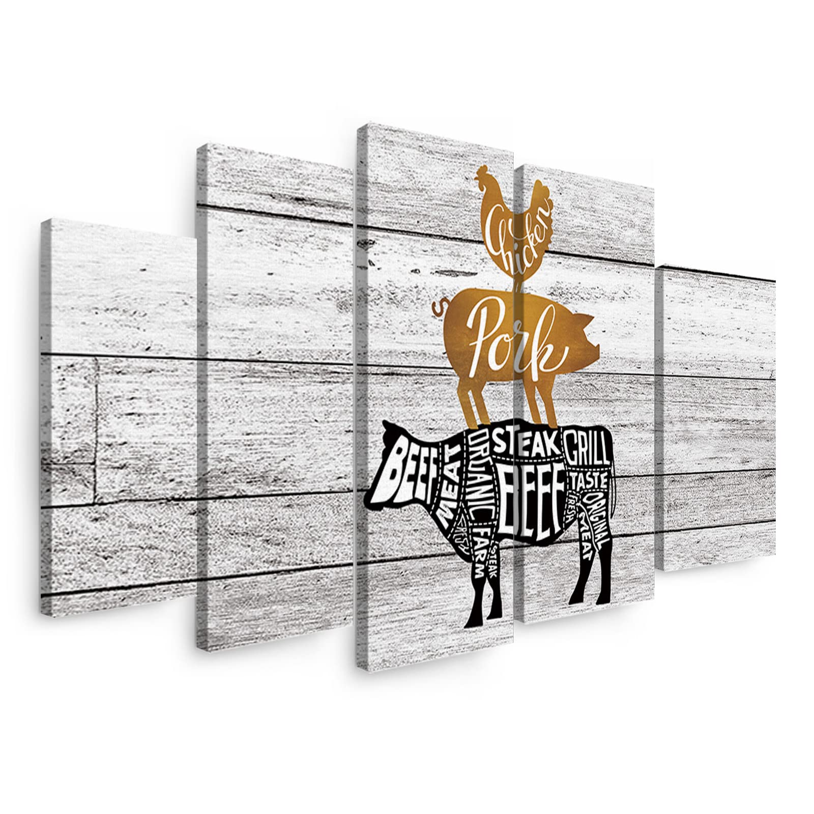 5 Panels Farmhouse Animal Canvas Wall Art - Cow Pig Chicken Print Pictures, Stretched and Framed Ready to Hang - Modern Home Decor for Bedroom, Living Room, Nursery & Office Wall Decor