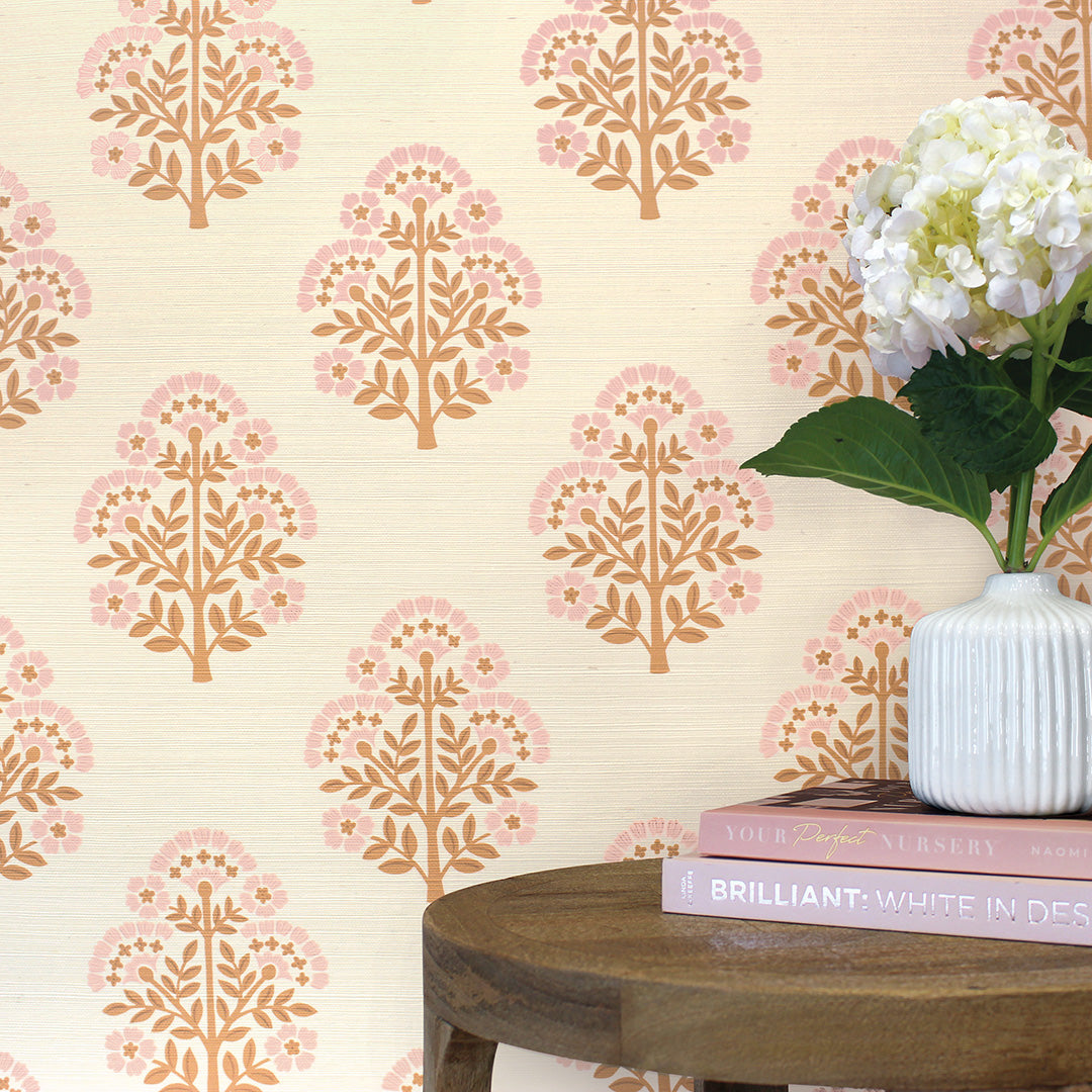 Authentic Grasscloth Wallpaper with Block Floral Print - Premium Peel & Stick Wall Covering for Living Room, Bedroom, and Home Decor