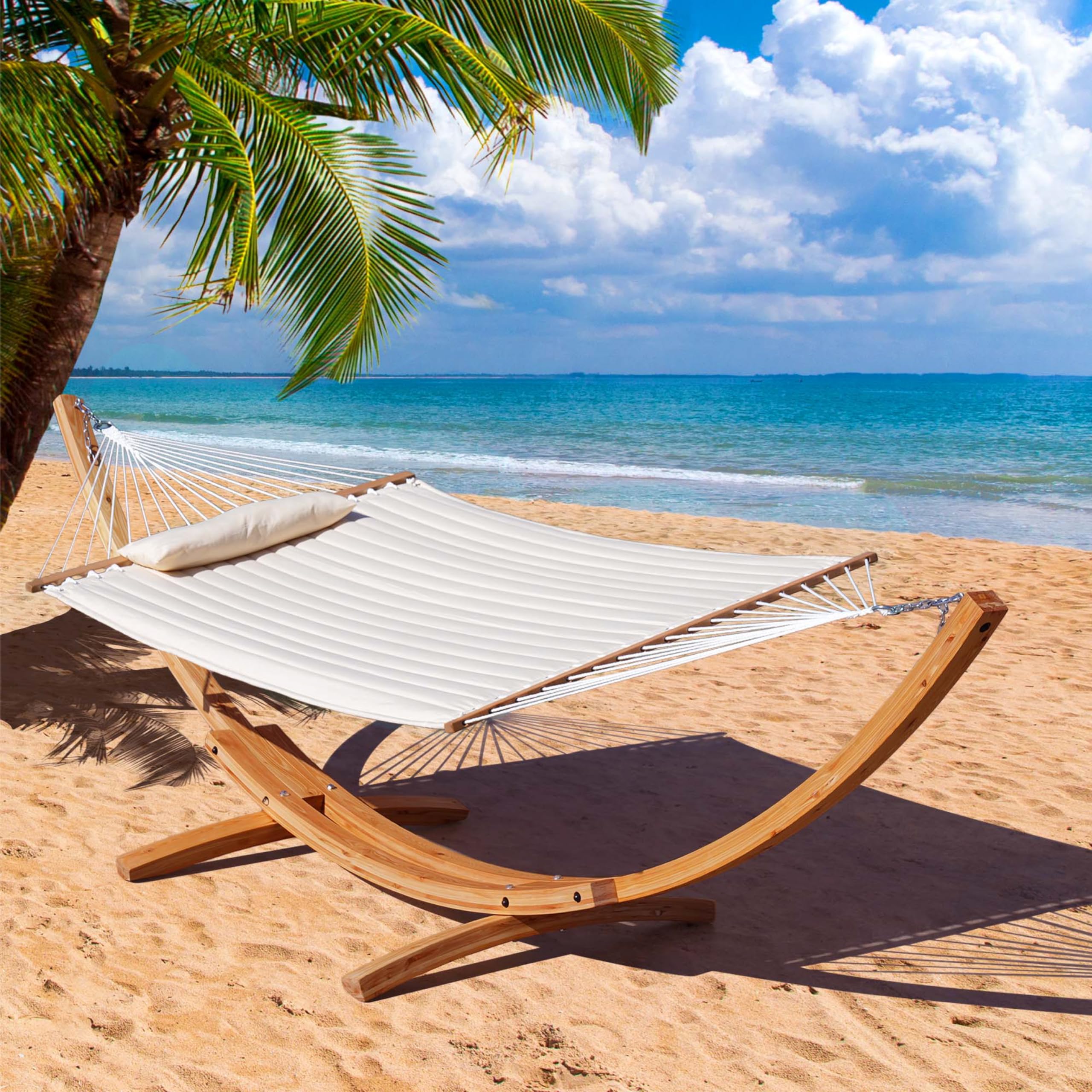 13 FT Outdoor Arc Wood Hammock Stand for 2 Persons - Russian Pine Hardwood with Carabiners & Chains - 500lb Capacity - Perfect for Patio, Garden, Yard & Poolside Relaxation - Natural Finish