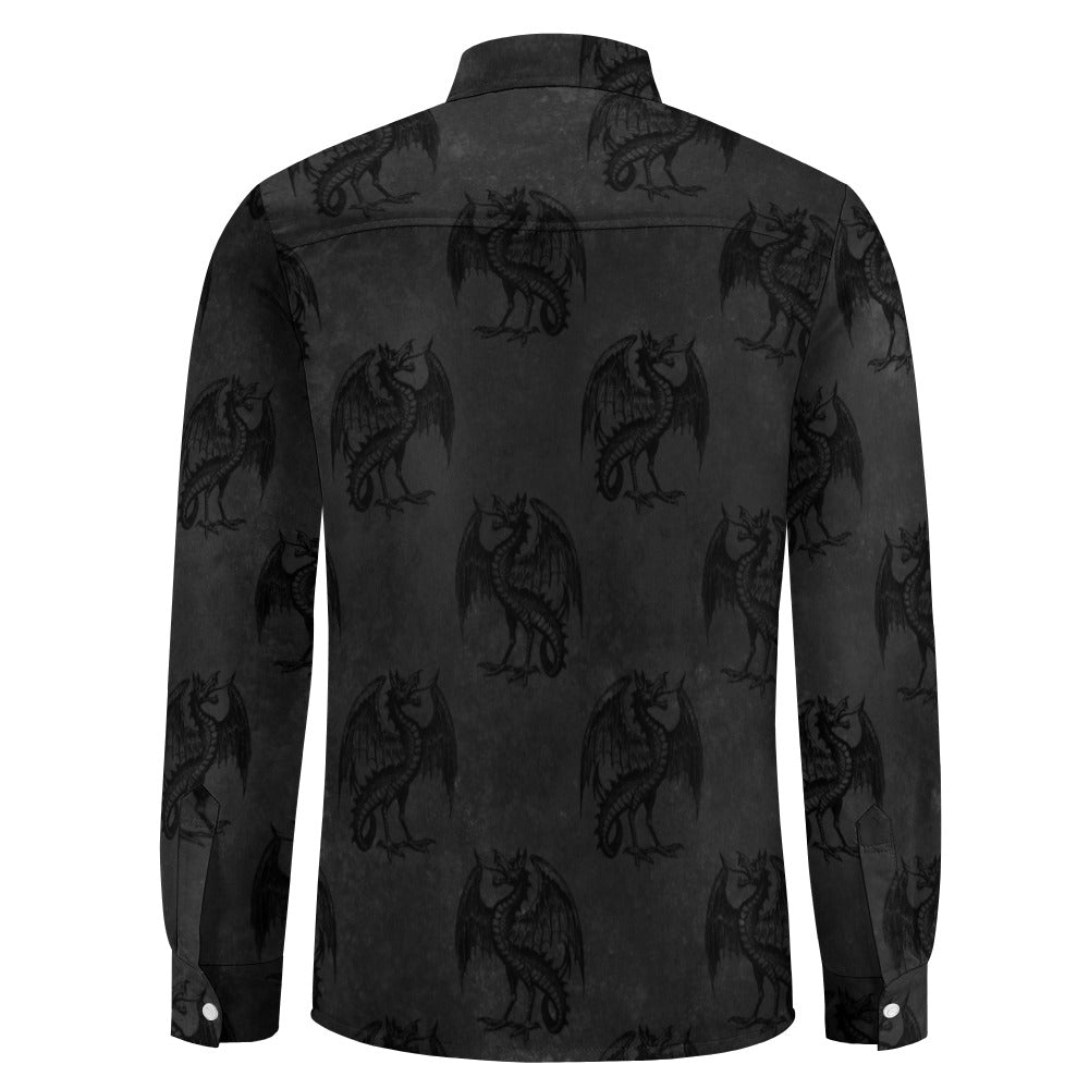Gothic Dragon Print Casual One Pocket Long Sleeve T-Shirt for Men - Dark Fantasy Streetwear & Alternative Fashion Outfit for Cosplay, Concerts, and Gothic Events