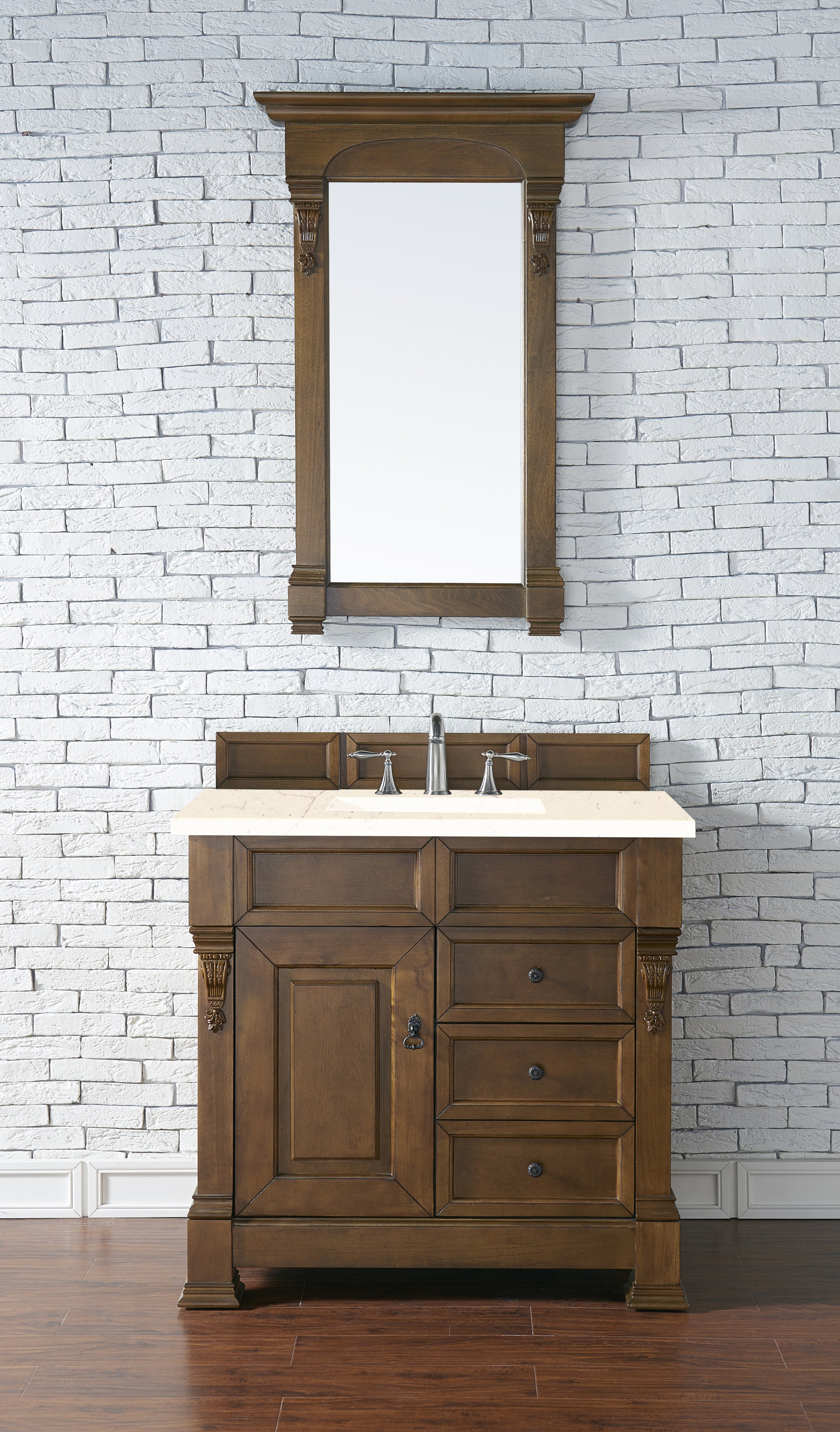 Brookfield 36 Inch Single Bathroom Vanity Set with Country Oak Finish & 3CM Eternal Marfil Quartz Countertop - Perfect for Modern Farmhouse, Rustic, or Traditional Bathroom Designs