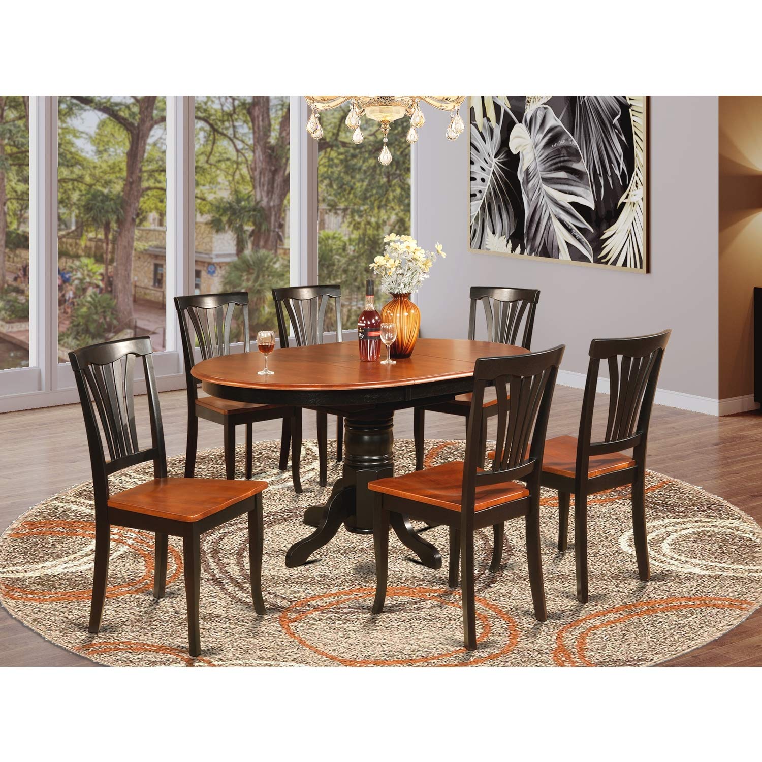 East West Furniture AVON7-BLK-W 7-Piece Dining Room Set - Oval Table with Leaf & 6 Chairs, Perfect for Family Dinners and Entertaining Guests