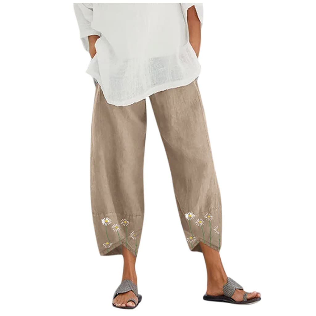 Women's Cotton Linen Wide Leg Pants with Embroidery Daisy Print - Elastic Waist Casual Cheetah Dress Pants for Spring Summer Boho Chic Outfits
