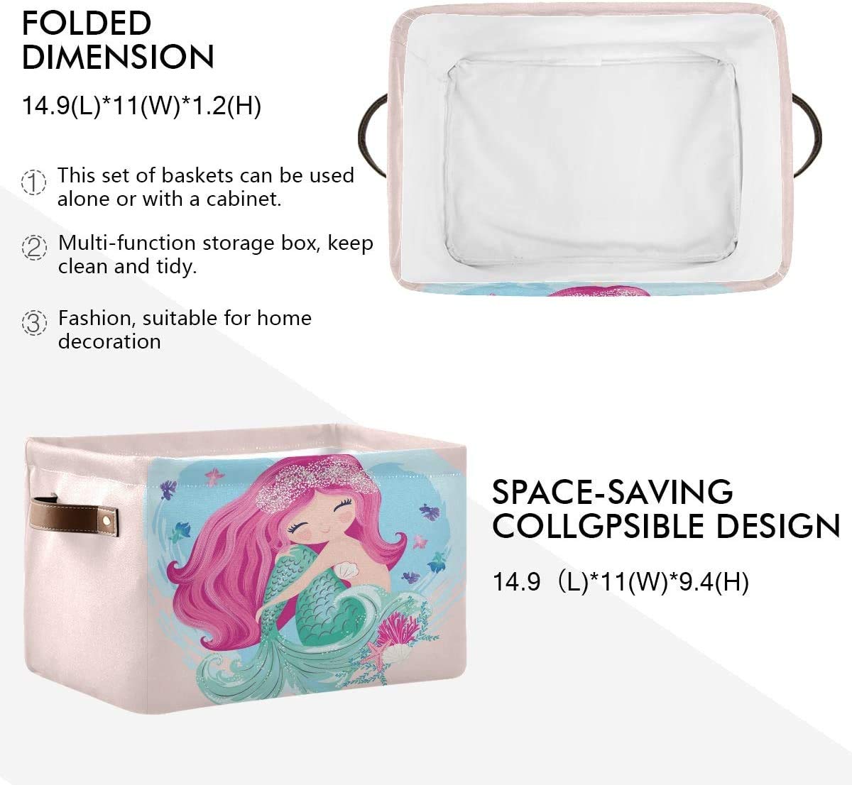 Square Collapsible Laundry Hamper with Handles - Mermaid Design Storage Bin for Clothes, Toys & Laundry | Perfect for Bedroom, Closet, Nursery, Dorm & Home Decor | Space-Saving Solution for Small Spaces & Kids' Rooms