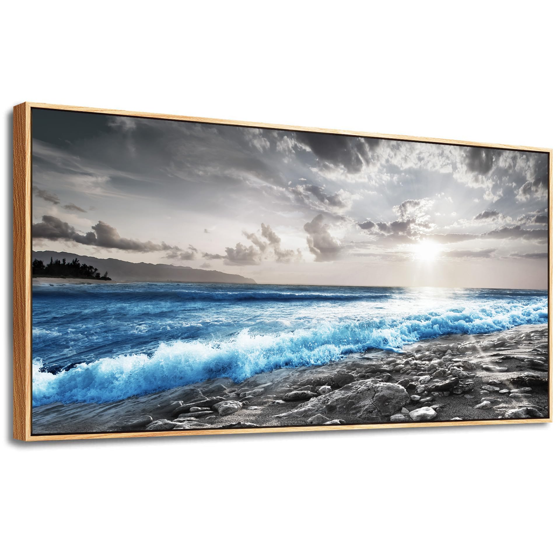 Hyidecorart Blue Beach Ocean Seascape Framed Wall Art - 30x60 Inch Large Wood Framed Canvas Painting for Living Room, Office & Bedroom - Modern Coastal Home Decor Perfect for Beach House, Vacation Rental & Coastal Style Interiors