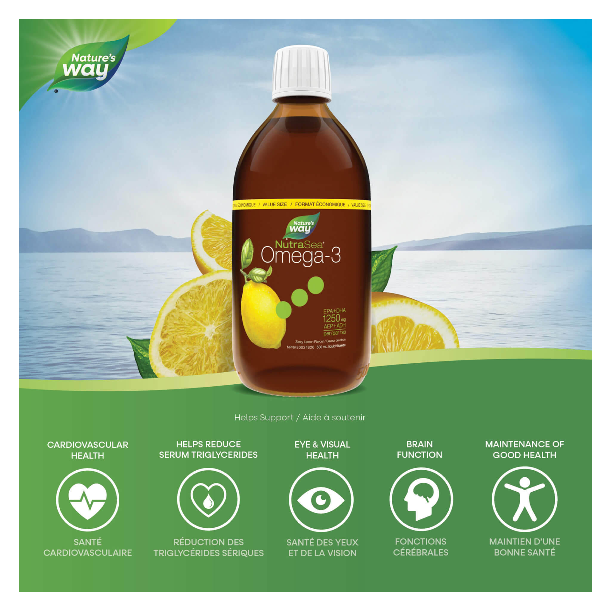 NutraSea Omega-3 Liquid Supplement - Zesty Lemon Flavor, 500 mL - Supports Heart, Brain & Joint Health for Adults & Kids