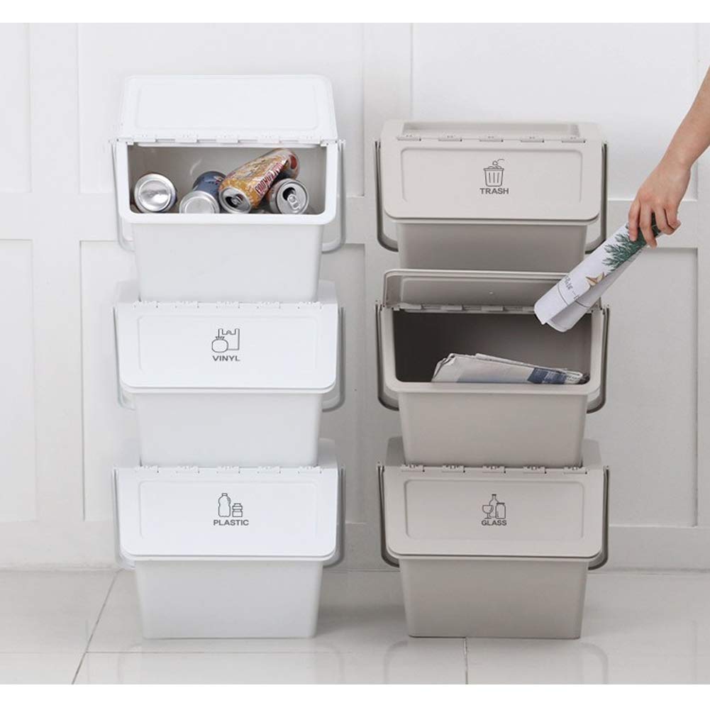 Stackable Recycling Bins with Lids & Handles - 3-Pack White Organizer Bins for Home, Office, or Classroom - Perfect for Toys, Tools & Waste Sorting - Includes Recycle Stickers for Easy Labeling