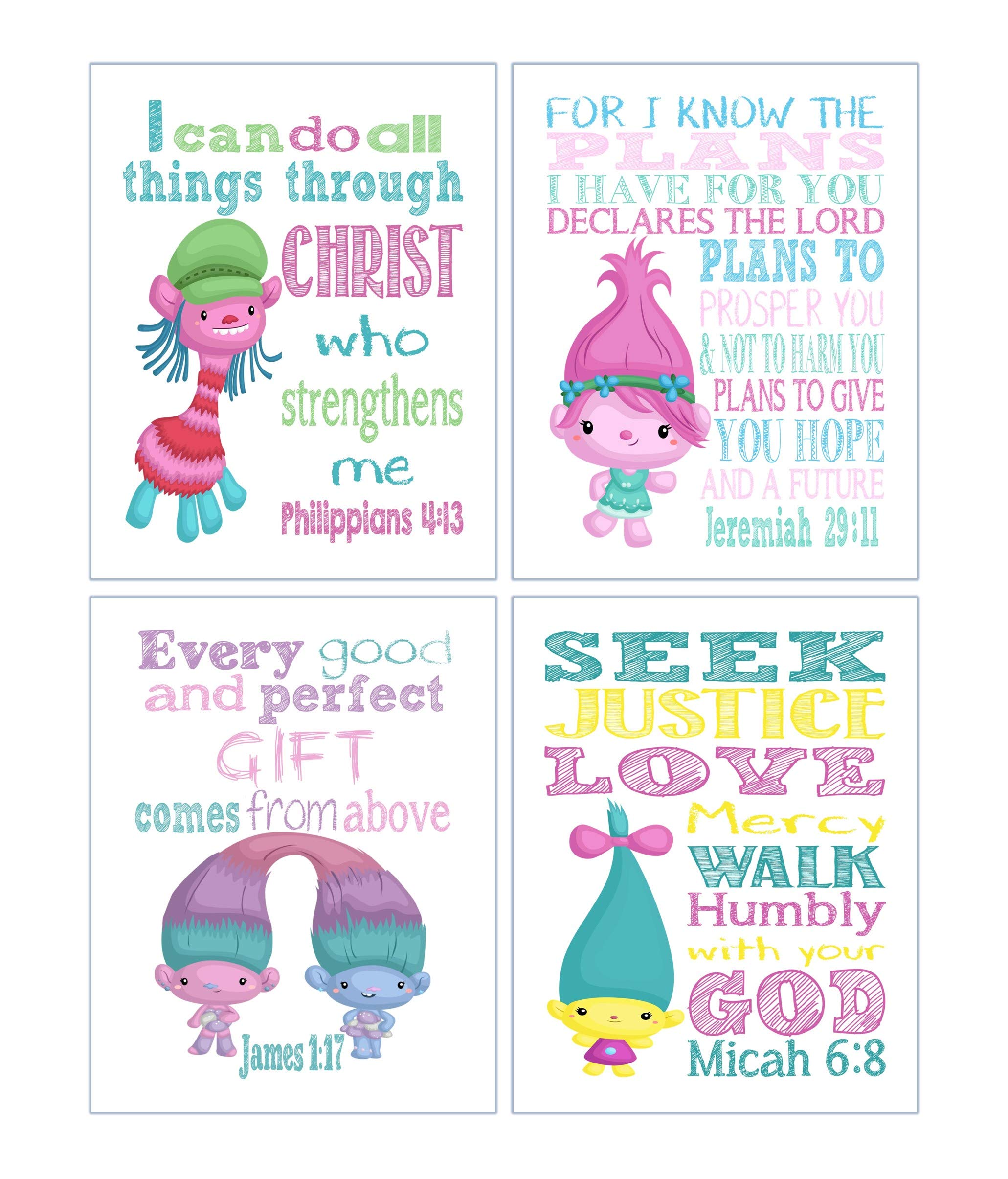 Trolls Christian Nursery Decor - 4 Bible Verse Prints for Kids' Room