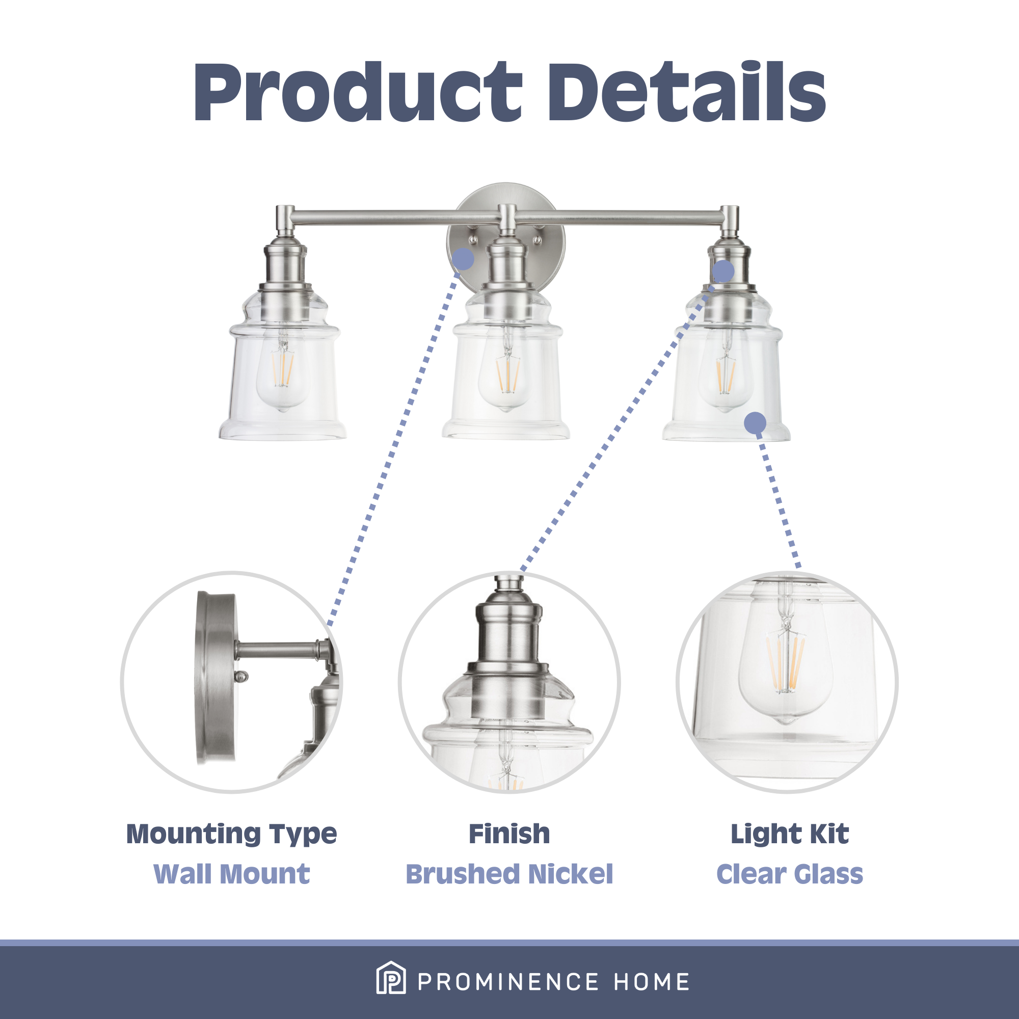 Eaton Ridge Brushed Nickel Vanity Light - 3-Light Bathroom Wall Sconce for Bedroom & Dressing Room Makeup Mirror Lighting