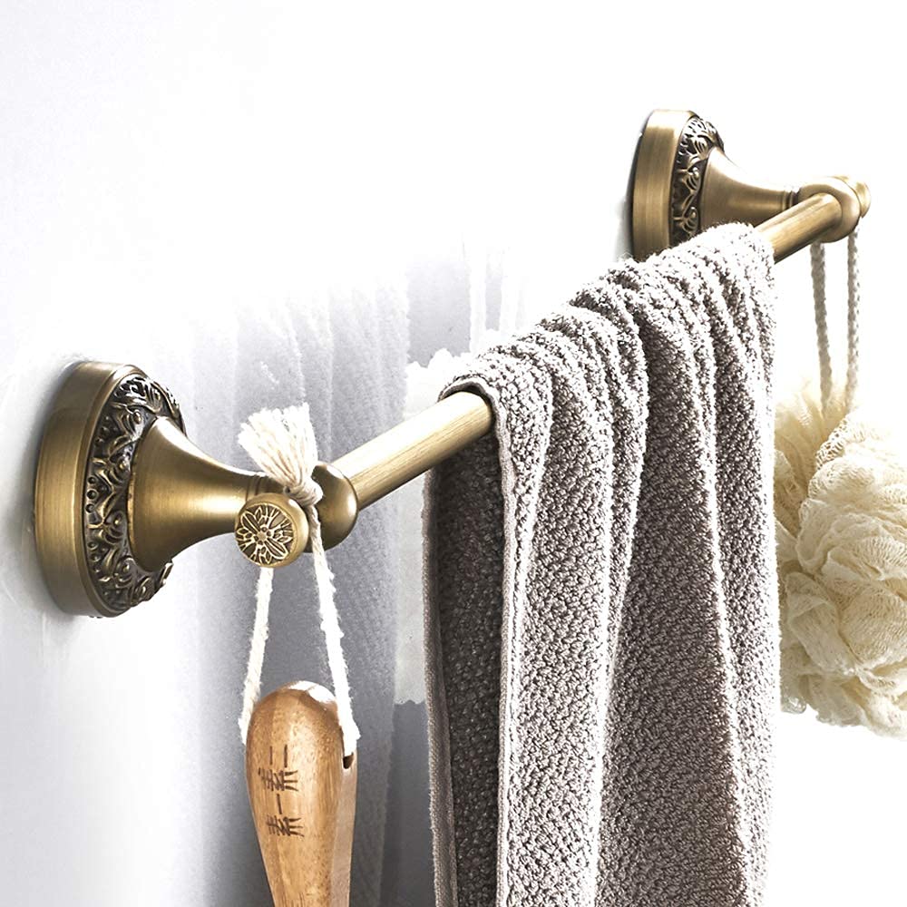 BATHSIR Antique Brass 4-Piece Bathroom Hardware Set - Adjustable Towel Bar, Expandable Towel Holder, Toilet Paper Holder, Towel Ring & Robe Hook - Vintage Carved Wall Mount Accessories for Classic & Farmhouse Style Bathrooms