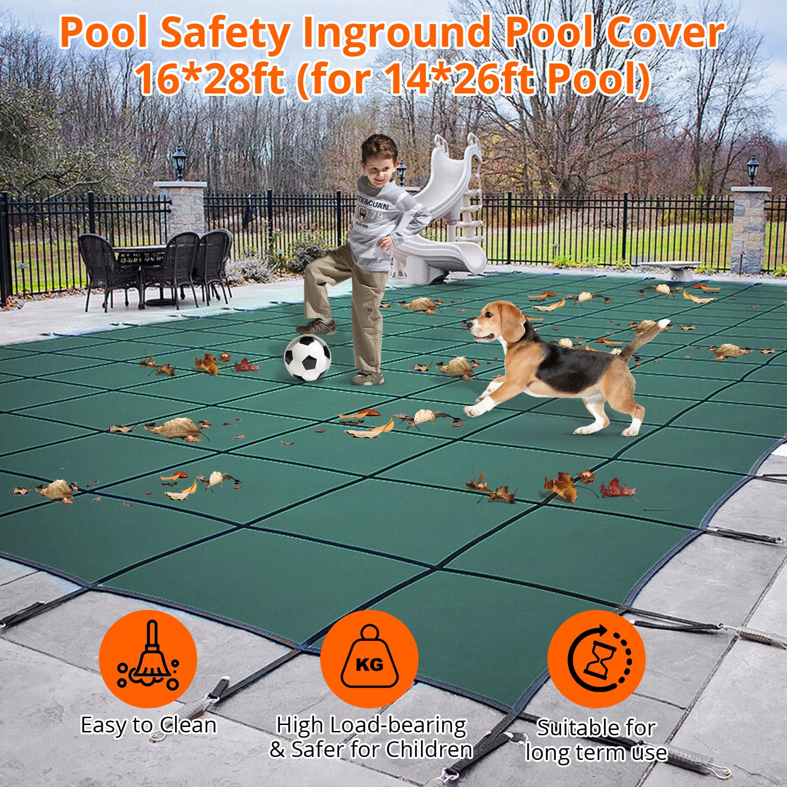 GARVEE 18x34ft Inground Pool Safety Cover with Center Steps - Heavy Duty Mesh Net, Complete Installation Kit & Anchors - Fits 16x32ft Swimming Pools - Perfect for Backyard, Family, and Pet Safety Protection