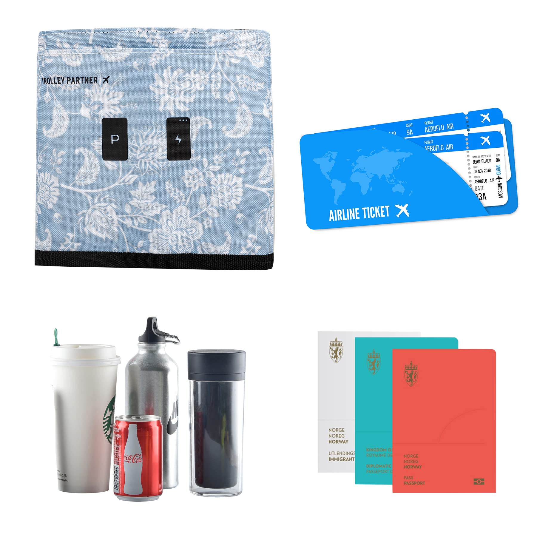 Riemot Travel Cup Holder for Suitcase - 2 Coffee Mug Carrier with Free Hands Design - Fits Roll-On Luggage Handles - Perfect Gift for Flight Attendants & Travelers - Blue Floral Pattern - Ideal for Airports, Commuting & Road Trips
