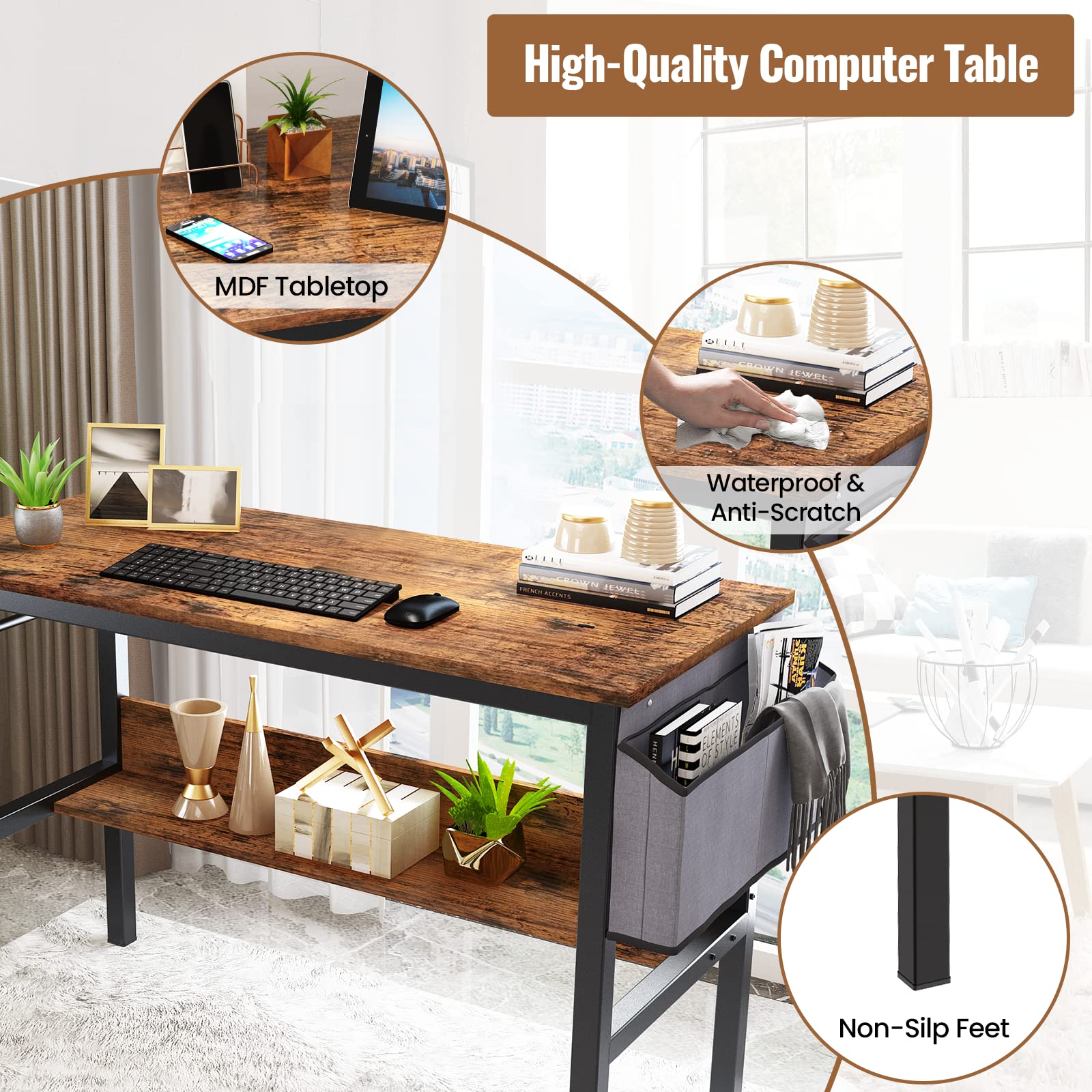 DKLGG 43 Inch Small Computer Desk - Modern Home Office Laptop Study Table for Small Spaces with Storage Bag & Headphone Hook, Rustic Brown - Perfect for Remote Work, Online Classes & Gaming Setup