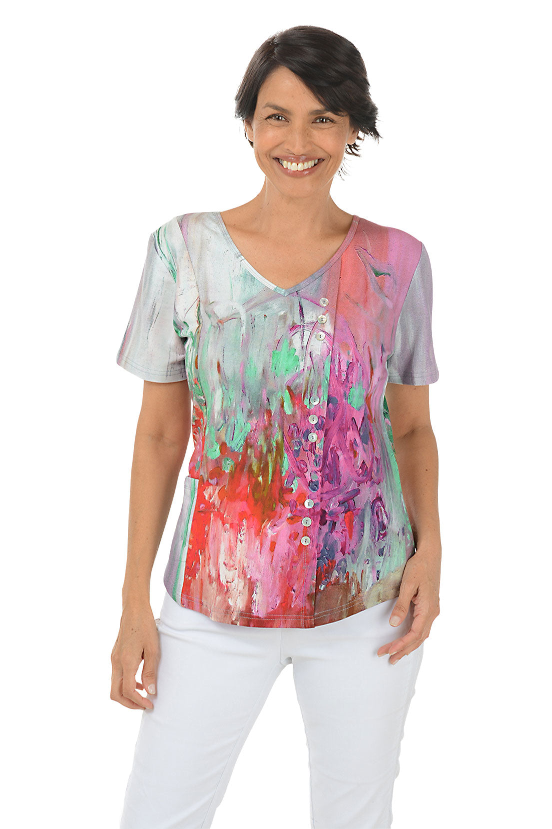 Stylish Petite Jardin Offset Button Front Pocket Tee - Casual Women's T-Shirt for Everyday Wear, Work & Weekend Outfits