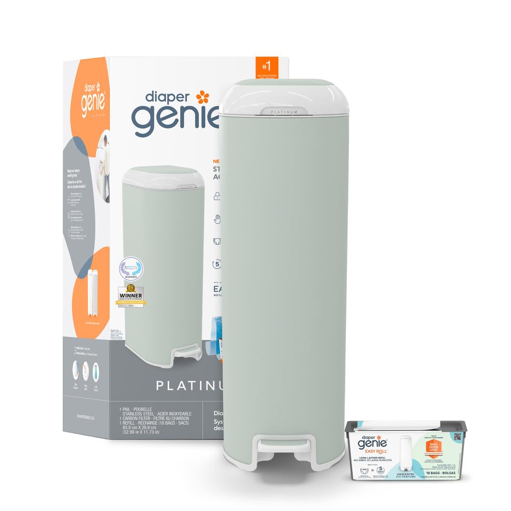 Diaper Genie Platinum Diaper Pail - Stainless Steel Baby Diaper Disposal System with Odor Control, Includes 1 Easy Roll Refill (18 Bags), Sage Green - Perfect for Nursery, Baby Room & Daycare Centers
