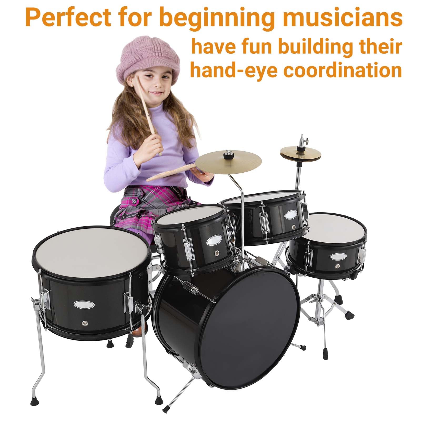 AD-300 Junior 5-Piece Drum Set with Bass Drum, Tom-Tom, Snare, Cymbals & Hi-Tone Drum | Includes Drum Sticks, Pedal & Stool | Perfect Beginner Drum Kit for Kids & Teens | Ideal for Home Practice, Music Lessons & Live Performances