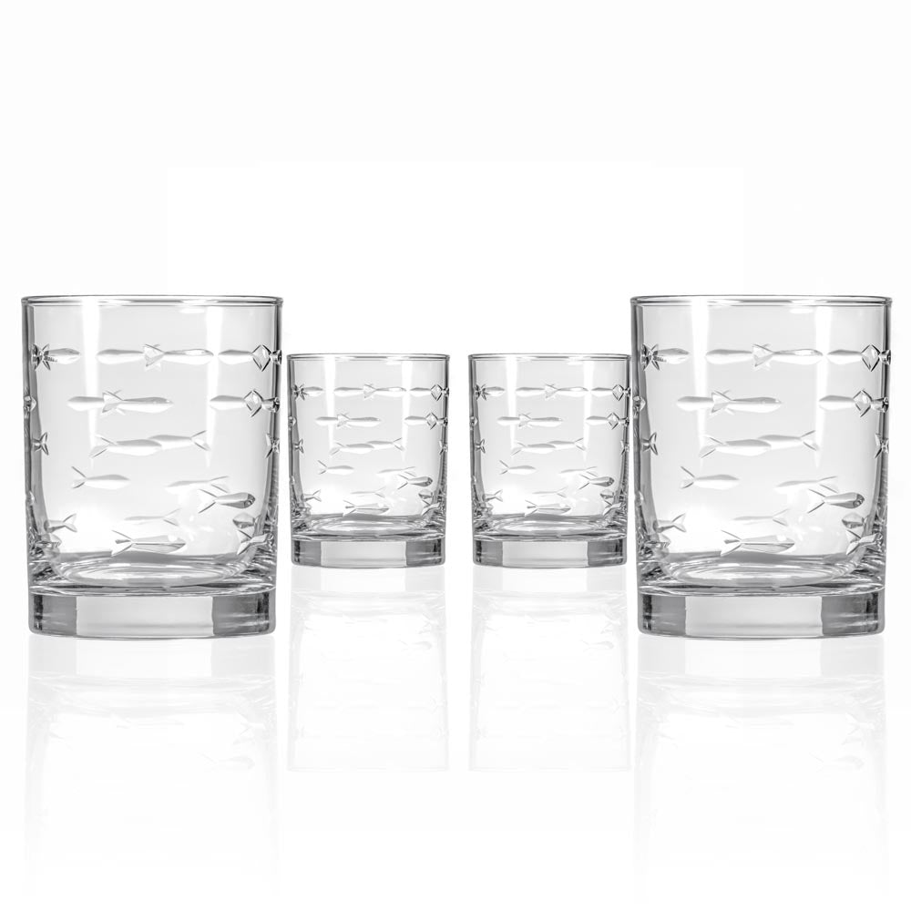 Premium 13oz Double Old Fashioned Whiskey Glasses Set of 4 - Handcrafted School of Fish Design - Perfect for Bourbon, Scotch & Cocktails - Ideal for Home Bars, Gifts & Entertaining