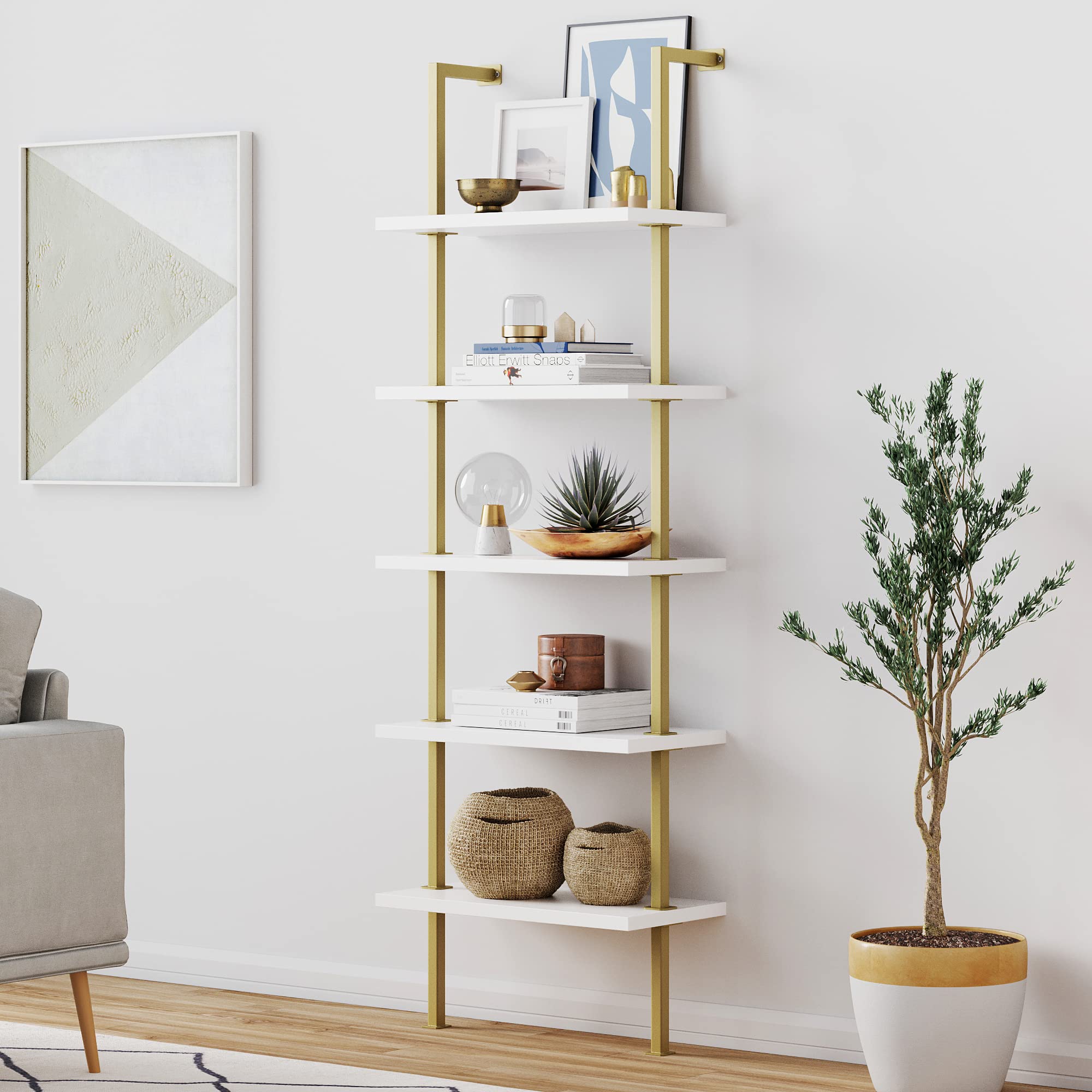 Nathan James Theo 5-Shelf Modern Bookcase - Industrial Metal Frame Open Ladder Bookshelf in White/Gold | Perfect for Living Room, Bedroom & Office Storage