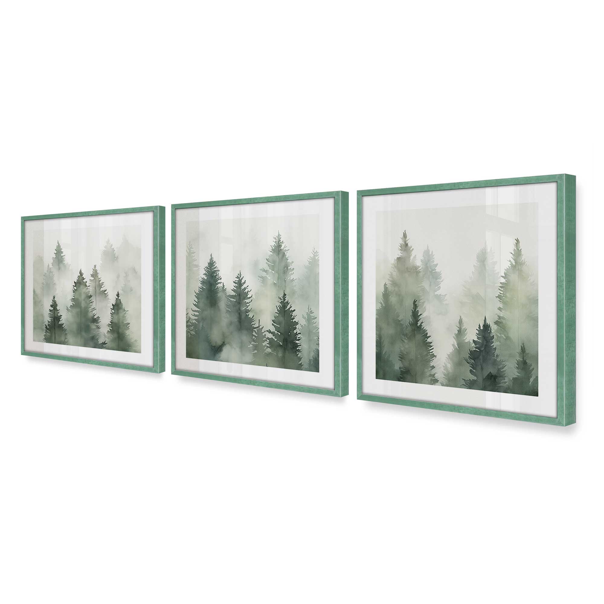 Green Haze Woodland Wall Art - Set of 3 Framed Nature Prints for Living Room, Bedroom & Office Decor | Forest Landscape Paintings | Ready to Hang Home Decoration
