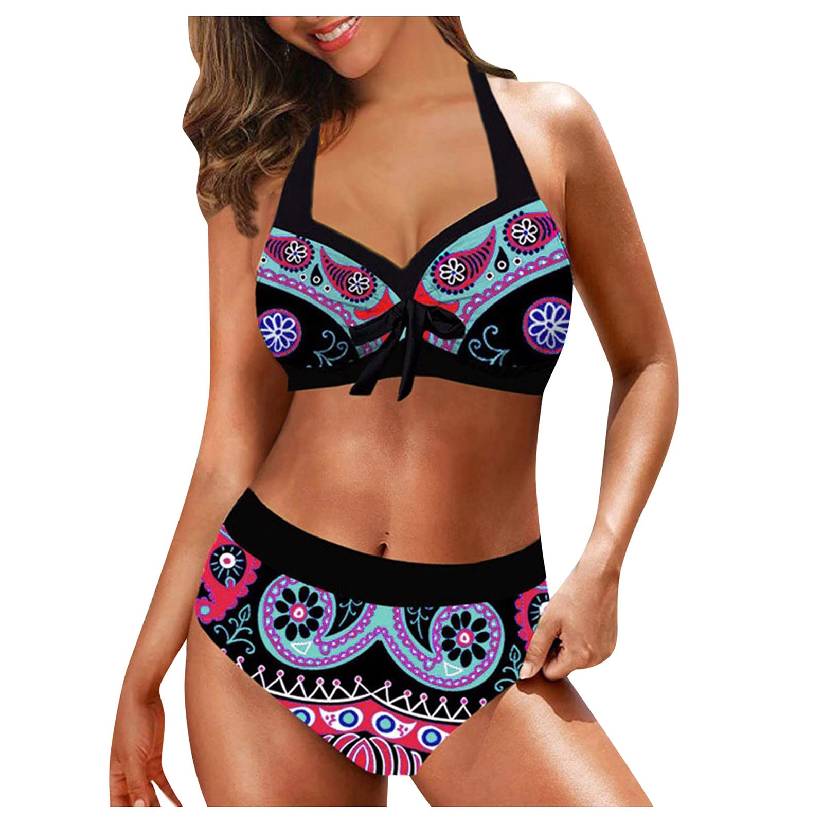FMCHICO Women's Floral Print Bikini Set - Halter Neck Twist Front 2 Piece Swimsuit | Sexy Summer Swimwear for Beach, Pool & Vacation