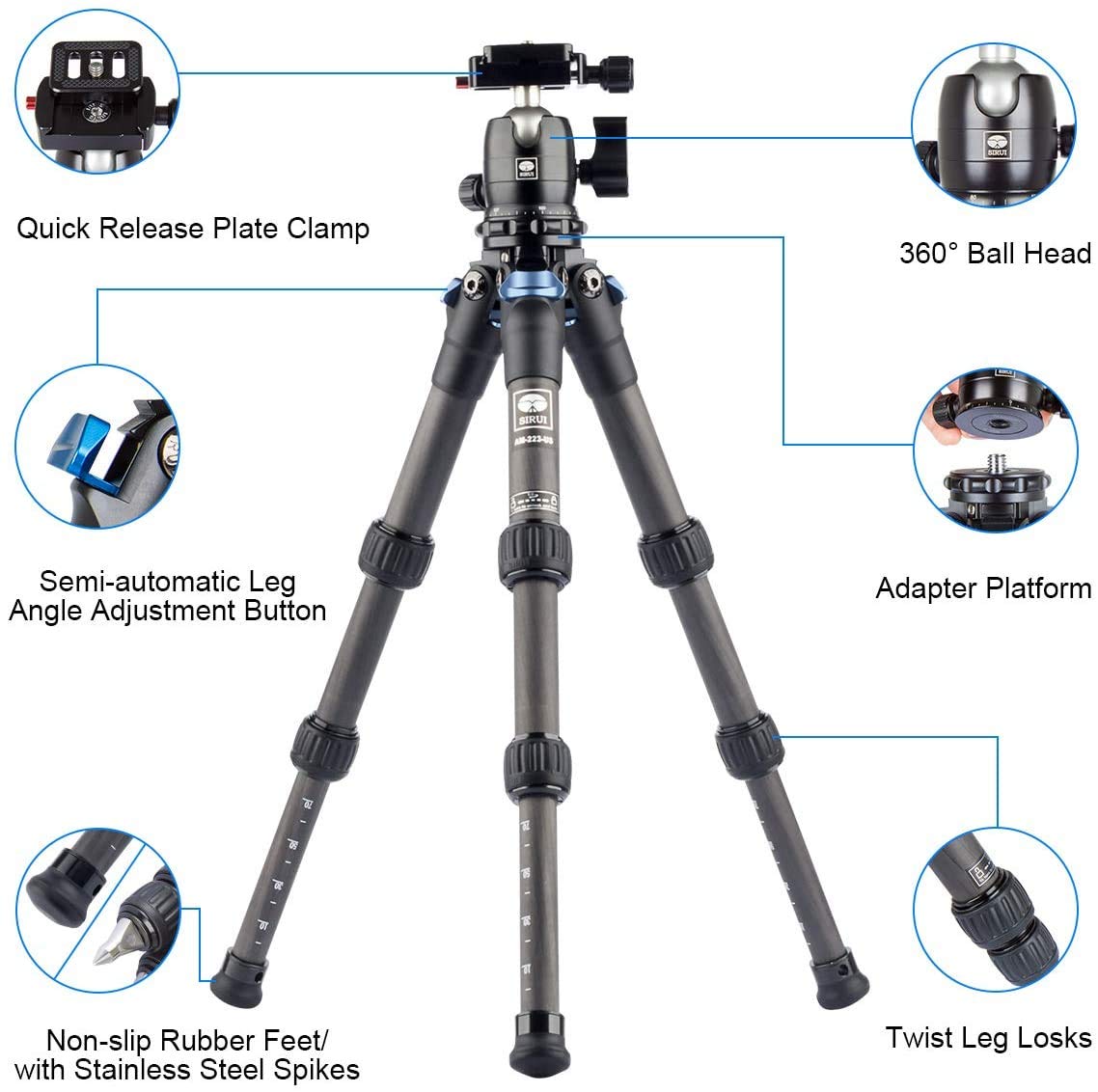 SIRUI AM-223 Compact Carbon Fiber Camera Tripod with 360° Ball Head - Lightweight Travel Tripod for DSLR/Mirrorless (16.6