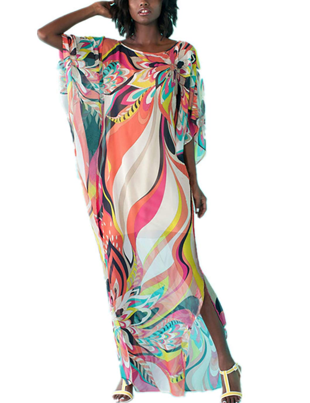 Eddoyee Women's Flowy Chiffon Kaftan Dress - Beach Cover Up, Swimsuit Cover, Summer Boho Maxi Dress for Pool, Vacation & Lounge Wear
