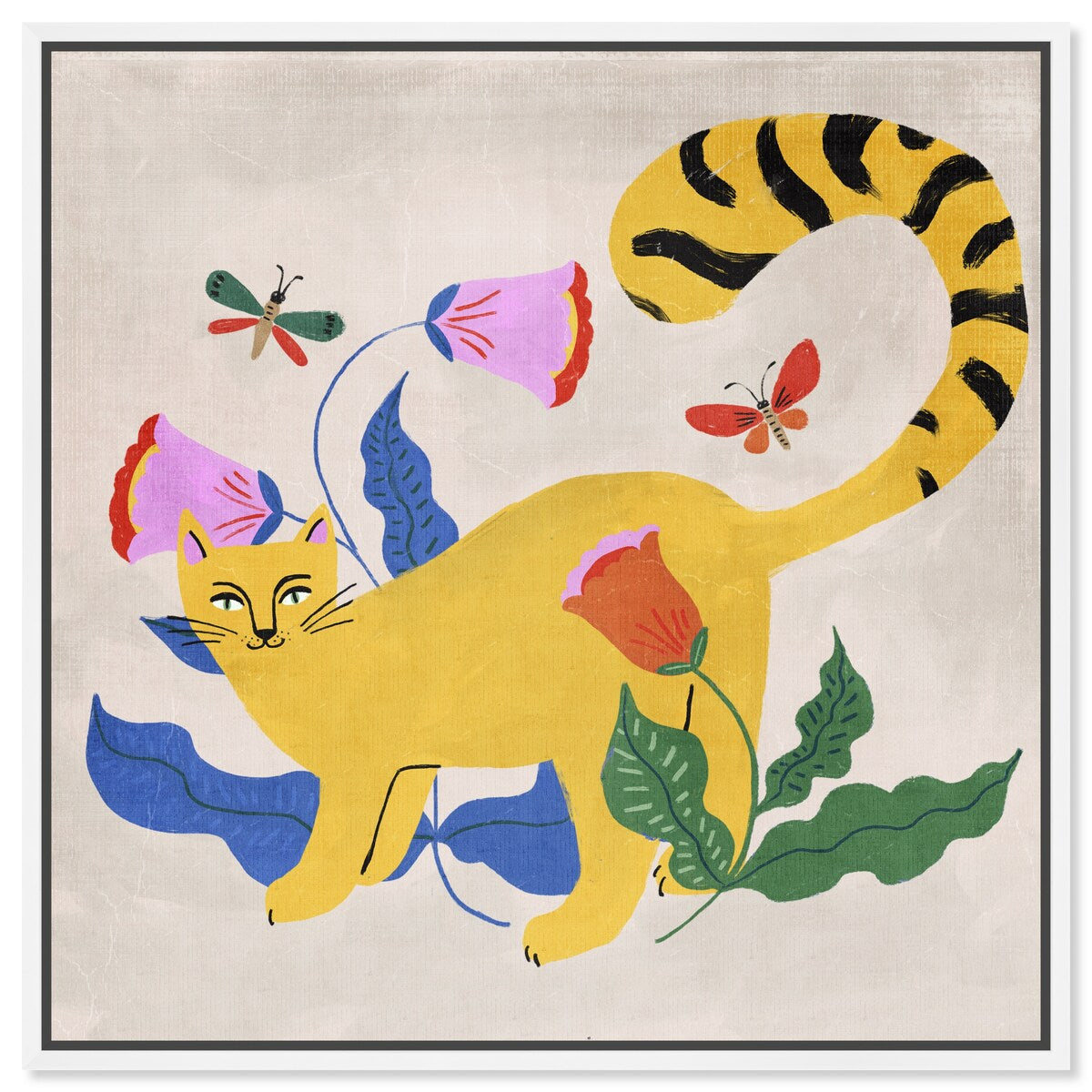 Blonde Tabby Floral Kitten Butterfly Garden Modern Yellow Framed Canvas Wall Art Print - Home Decor for Bedroom, Living Room & Nursery