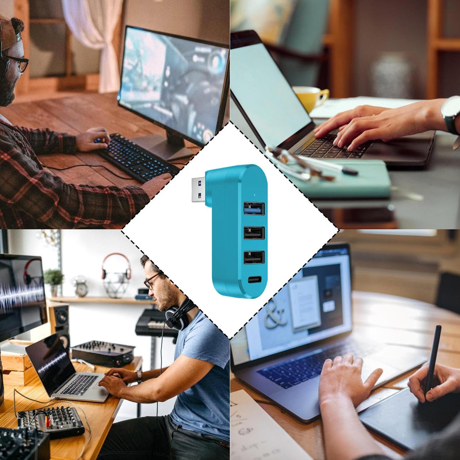 4-Port USB 3.0 Hub Rotatable Adapter - High Speed Data Transfer USB Splitter Expander for Laptop, PC, MacBook, Car - Perfect for Office, Home & Travel Charging Stations